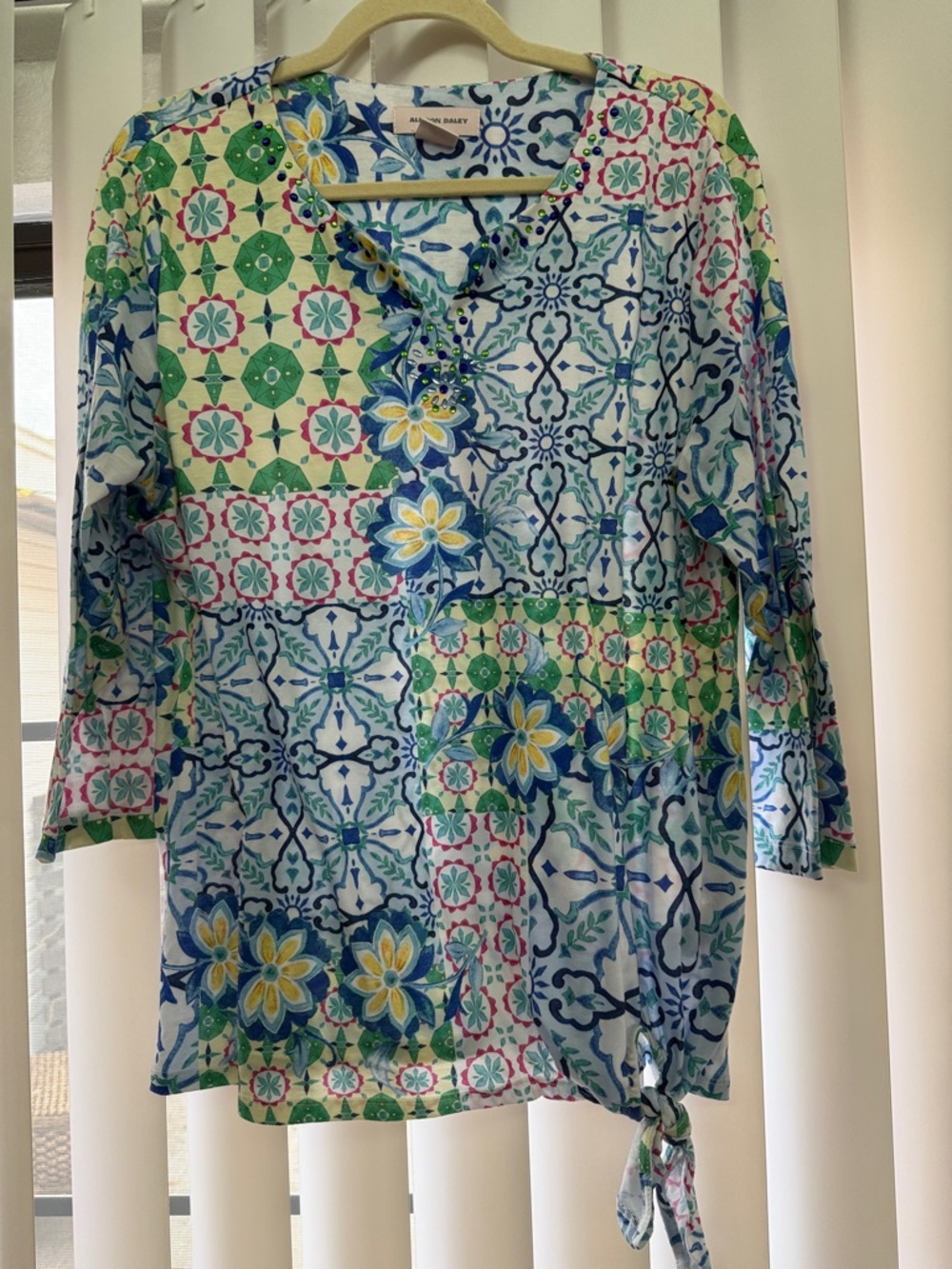 Floral Tile-Print Tunic Top - Blue, Green, Yellow